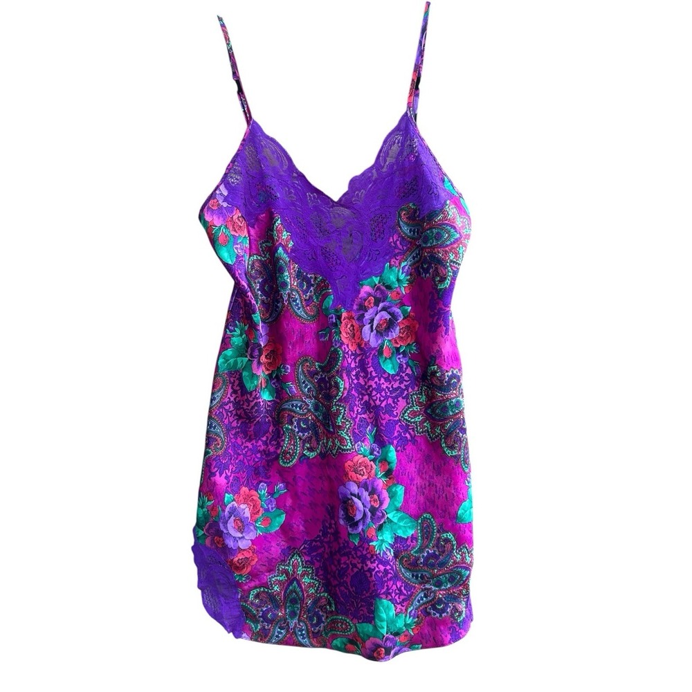 Vtg Victoria's Secret Nightgown Purple Floral Slip Dress Size Small 80s Babydoll